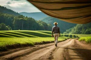 een Mens wandelen naar beneden een aarde weg in de midden- van een veld. ai-gegenereerd foto