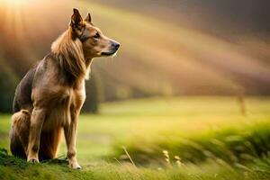 een hond zittend Aan een heuvel in de zon. ai-gegenereerd foto