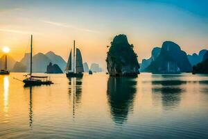 zeilboten in de water Bij zonsondergang met bergen in de achtergrond. ai-gegenereerd foto