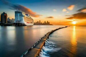 een reis schip in de oceaan Bij zonsondergang. ai-gegenereerd foto