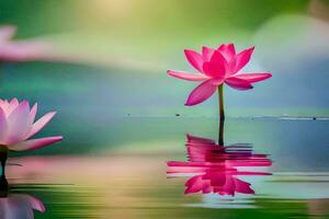 twee roze lotus bloemen zijn weerspiegeld in de water. ai-gegenereerd foto