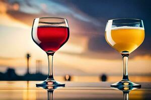 twee bril van wijn en bier Aan een tafel. ai-gegenereerd foto