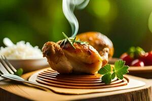 een kip is zittend Aan een houten bord met rijst- en groenten. ai-gegenereerd foto