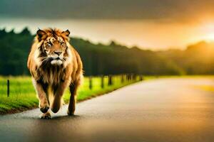 een leeuw wandelen aan de overkant een weg Bij zonsondergang. ai-gegenereerd foto