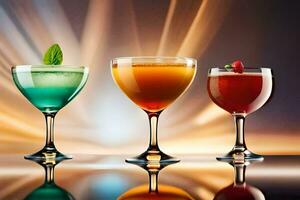 drie verschillend gekleurde cocktails in bril Aan een tafel. ai-gegenereerd foto