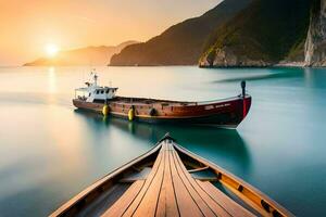 een boot in de oceaan Bij zonsondergang. ai-gegenereerd foto