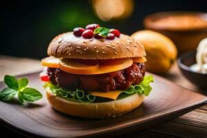 een Hamburger met kaas, sla en tomaten Aan een houten bord. ai-gegenereerd foto