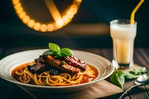 spaghetti met vlees en tomaat saus Aan een houten tafel. ai-gegenereerd foto