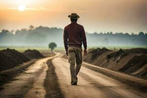 een Mens wandelen naar beneden een aarde weg Bij zonsondergang. ai-gegenereerd foto