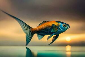 een vis met een blauw en oranje lichaam is getoond in de water. ai-gegenereerd foto