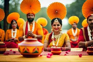 Indisch bruiloft ceremonie met mensen in geel outfits. ai-gegenereerd foto