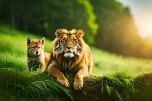 twee tijgers zittend Aan een log in de gras. ai-gegenereerd foto