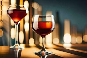 twee bril van rood wijn Aan een tafel. ai-gegenereerd foto