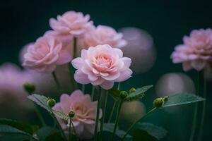 roze bloemen zijn bloeiend in voorkant van een donker achtergrond. ai-gegenereerd foto