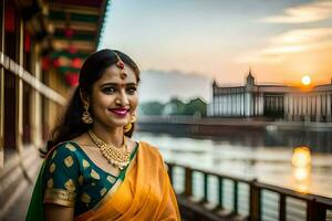 een mooi Indisch vrouw in een oranje sari. ai-gegenereerd foto