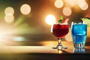 twee bril van blauw en rood drankjes Aan een tafel. ai-gegenereerd foto
