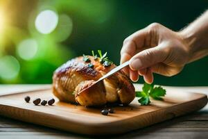 een persoon snijdend omhoog een kip Aan een houten snijdend bord. ai-gegenereerd foto