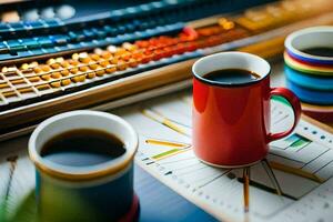 koffie cups en een toetsenbord Aan een bureau. ai-gegenereerd foto