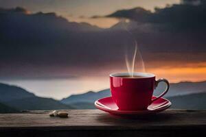 een kop van koffie Aan een houten tafel met een visie van de bergen. ai-gegenereerd foto