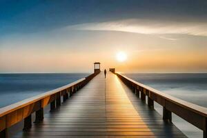 een lang houten pier met de zon instelling over- de oceaan. ai-gegenereerd foto