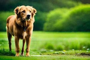 een gouden retriever staand in de gras. ai-gegenereerd foto