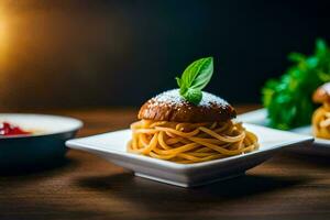 spaghetti met tomaat saus en basilicum bladeren Aan een bord. ai-gegenereerd foto