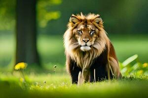 een leeuw is zittend in de gras. ai-gegenereerd foto