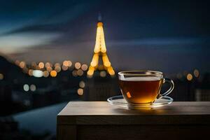 een kop van thee met de eiffel toren in de achtergrond. ai-gegenereerd foto