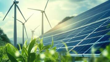 zonne- panelen en wind turbines in een veld. alternatief energie bronnen. foto