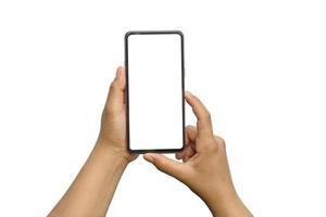 close-up van twee handen met mobiele telefoons, wit scherm gescheiden op een witte achtergrond met uitknippad. foto