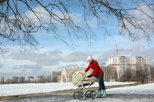 jong moeder met baby in buggy foto