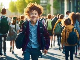 terug naar school- onderwijs concept met leerling. eerste dag leerling in klas. ai generatief foto