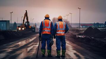 twee arbeiders, achterzijde visie, Aan een bouw plaats. ingenieurs in beschermend uniformen en helmen Bij werk. weg bouw en reparatie, gemaakt met generatief ai technologie foto