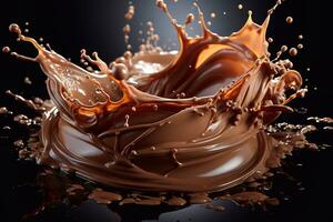 Choco cascade detailopname beeld van chocola plons met water druppels ingebeeld door generatief ai foto