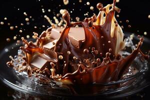 smakelijk chocola detailopname beeld van romig chocola plons en druppels generatief ai foto