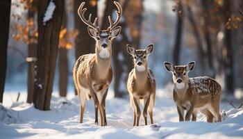 schattig hert staand in sneeuw, omringd door rustig winter Woud gegenereerd door ai foto