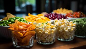 versheid Aan de tafel, fijnproever tussendoortje, maaltijd van groente en fruit gegenereerd door ai foto