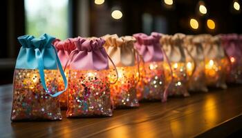 viering van nieuw seizoen helder, glimmend, verlichte tafel met decoraties gegenereerd door ai foto