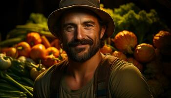 glimlachen boer Holding vers groenten, op zoek Bij camera met vertrouwen gegenereerd door ai foto