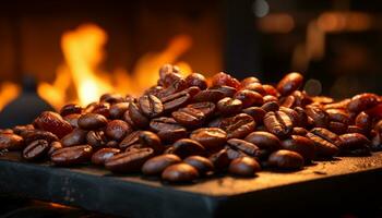 brandend hout, donker koffie, heet drankje, stoom, selectief focus, rustiek gegenereerd door ai foto
