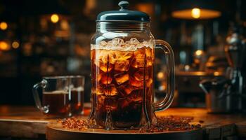 versheid druppels in een schuimig pint glas, een verfrissend viering gegenereerd door ai foto