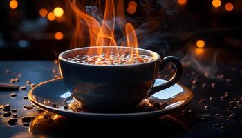 een heet kop van koffie Aan een donker tafel, stoom- stijgende lijn gegenereerd door ai foto