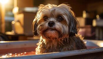 schattig klein puppy zittend in water, op zoek Bij camera gegenereerd door ai foto