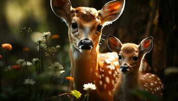 schattig jong hert begrazing in groen weide, genieten van zomer schoonheid gegenereerd door ai foto