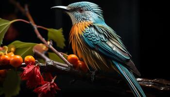 een levendig kolibrie neerstrijken Aan een groen Afdeling in Afrika gegenereerd door ai foto