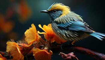 rustig tafereel vogel neerstrijken Aan tak, levendig kleuren in natuur gegenereerd door ai foto