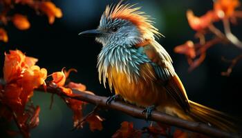 dier neerstrijken Aan tak, levendig kleuren, schattig vogel aan het kijken in Woud gegenereerd door ai foto
