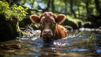 schattig koe begrazing Aan groen weide, reflecterend in vredig vijver gegenereerd door ai foto