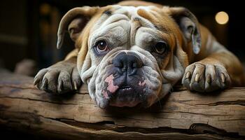 een schattig bulldog puppy zittend binnenshuis, op zoek Bij de camera gegenereerd door ai foto