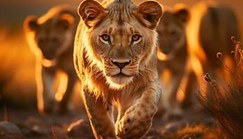 majestueus leeuwin wandelen in de wildernis, zonsondergang schoonheid in natuur gegenereerd door ai foto